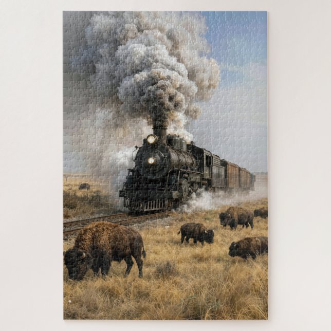 Quebra-cabeça Locomotiva a Vapor com Búfalos Pastando (Vertical)