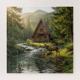 Quebra-cabeça Log Cabin, Stream, Mountains and Deer Nature Art
