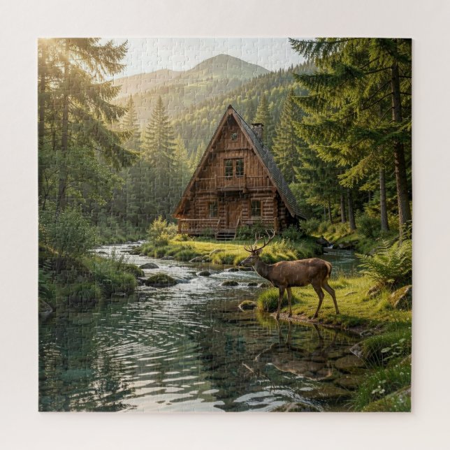 Quebra-cabeça Log Cabin, Stream, Mountains and Deer Nature Art (Vertical)