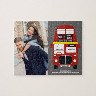 Quebra-cabeça London Bus Save the Date cinza Foto Jigsaw Quebra-