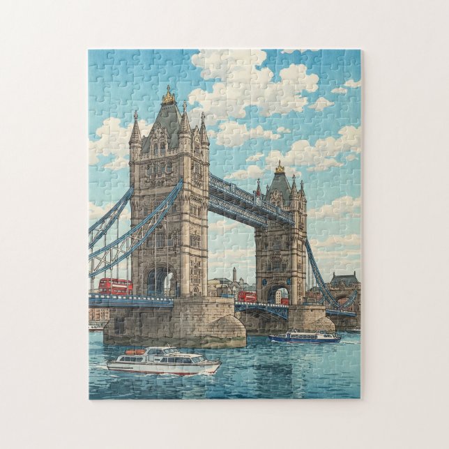 Quebra-cabeça London Tower Bridge Japanese Woodblock Print (Vertical)