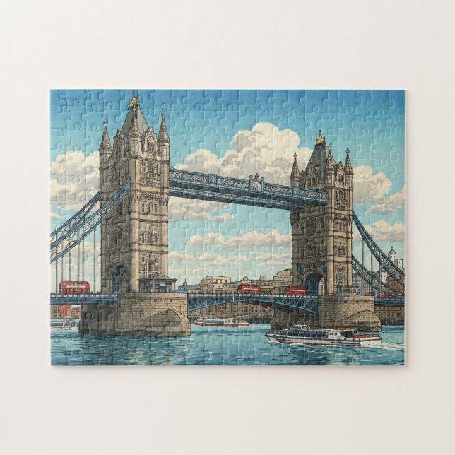 Quebra-cabeça London Tower Bridge Japanese Woodblock Print (Horizontal)
