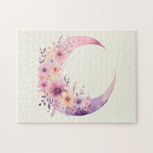 Quebra-cabeça Lua de Crescente Rosa com Flores Bonito