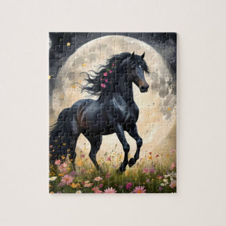 Quebra-cabeça Lunar Elegância: Cavalo de Fantasia Negra com Lua