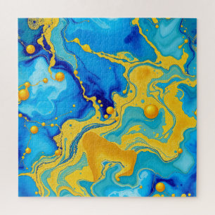 Quebra-cabeça Luxuoso Azul e Dourado Abstrato de Tinta Alcoólica