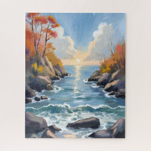 Quebra-cabeça Luz do Sol no Rio de Outono Paisagem em Aquarela