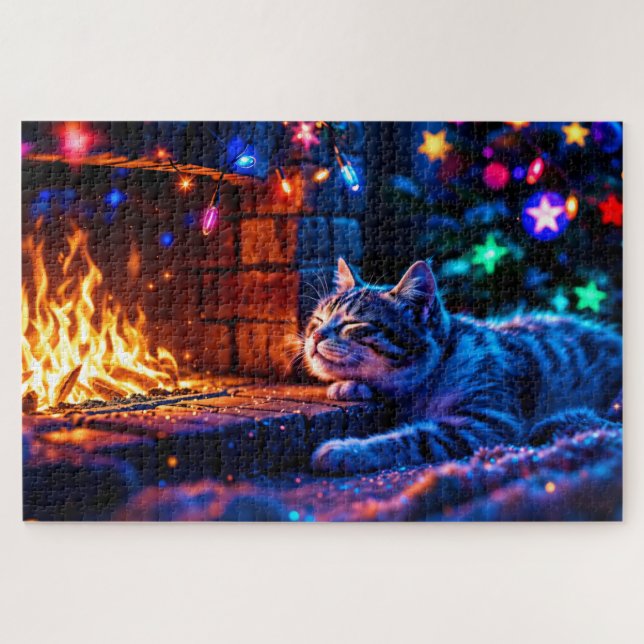 Quebra-cabeça Luzes de Natal de gato bonitinho (Horizontal)
