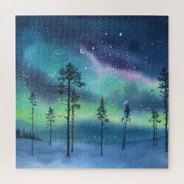 Quebra-cabeça Luzes de norte, paisagem de aquarela (Vertical)