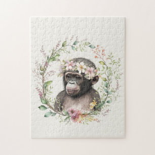 Quebra-cabeça macaco bebê boho com flor silvestre