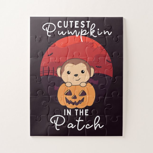 Quebra-cabeça Macaco Feliz Halloween Pumpkin No Patch (Vertical)
