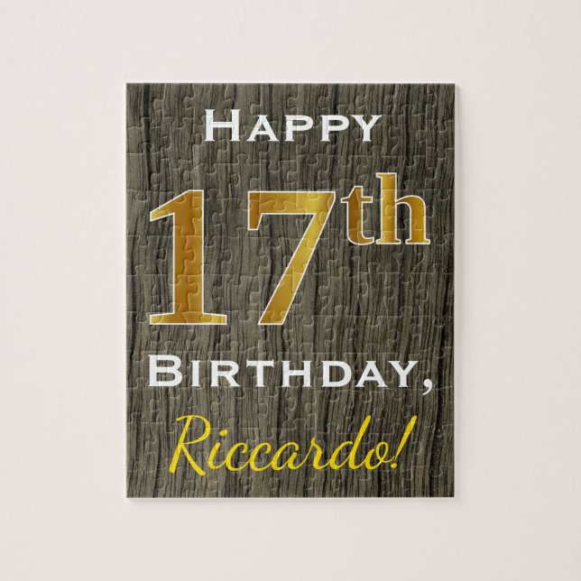 Quebra-cabeça Madeira Faux, Faux Dourado 17.o aniversário + nome (Vertical)