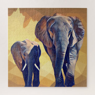 Quebra-cabeça Mãe e Elefante bebê no outono