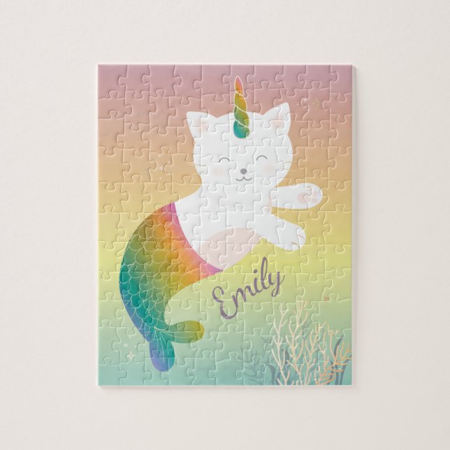 Quebra-cabeça Magical Mermaid Kitty Rainbow Glitter Personalized (Vertical)