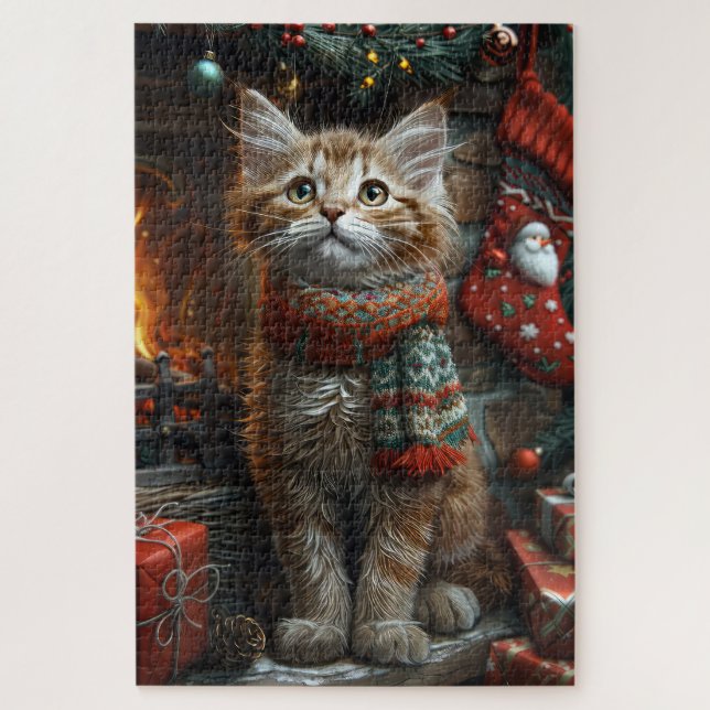 Quebra-cabeça Maine Coon Cat com Lareira de presentes de Natal (Vertical)