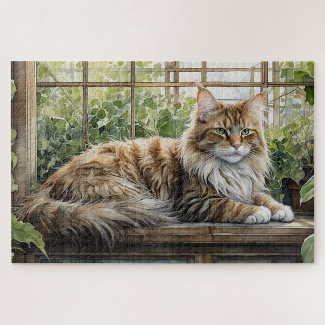 Quebra-cabeça Maine Coon Cat em um Jardim Interior Louco (Horizontal)