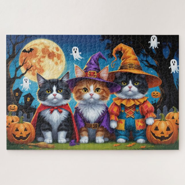 Quebra-cabeça Maine Coon Cats Pumpkin Halloween Engraçado (Horizontal)