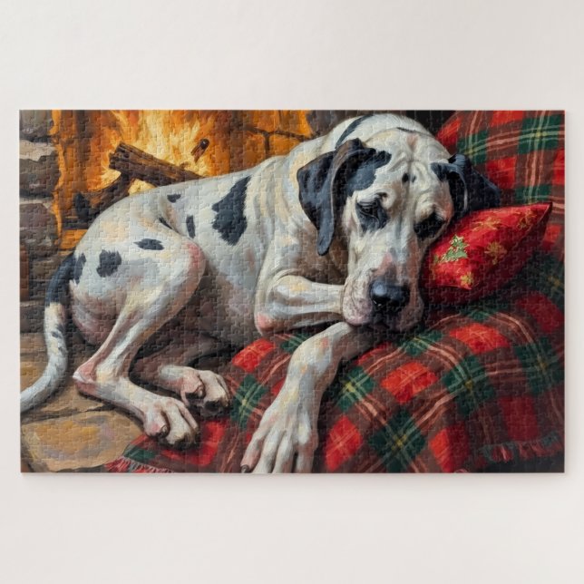 Quebra-cabeça Majestic Great Dane Asleep by Fireplace Cozy (Horizontal)