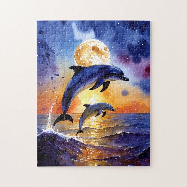 Quebra-cabeça Majestic Moonlit Dolphins at Sunset Ocean Puzzle (Vertical)