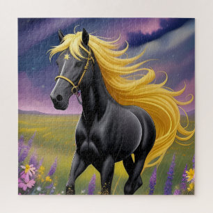 Quebra-cabeça Majestoso Cavalo Preto com Crina Dourada Fluindo