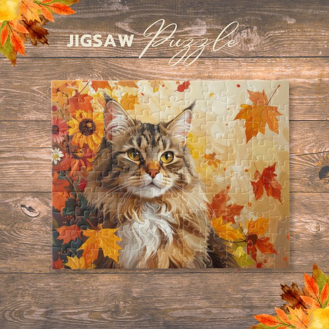 Quebra-cabeça Majestoso Maine Coon com Folhas de Outono e Girass (Majestic Maine Coon with Fall Leaves and Sunflower Jigsaw Puzzle)