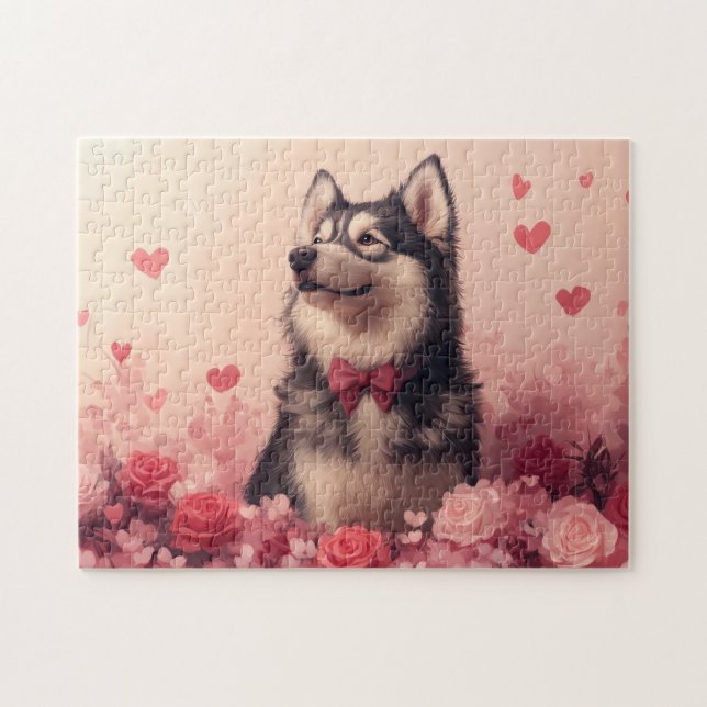 Quebra-cabeça Malamute do Alasca com Rosas - Dia dos Namorados  (Horizontal)