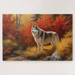 Quebra-cabeça Malamute do Alasca em Folhas de Outono Caem Inspi