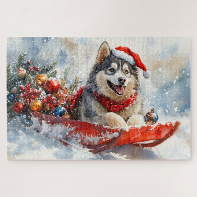 Quebra-cabeça Malamute do Alasca em Trenó Deixe Nevar Natal (Horizontal)