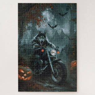 Quebra-cabeça Malamute do Alasca Pilotando Moto no Halloween Ass
