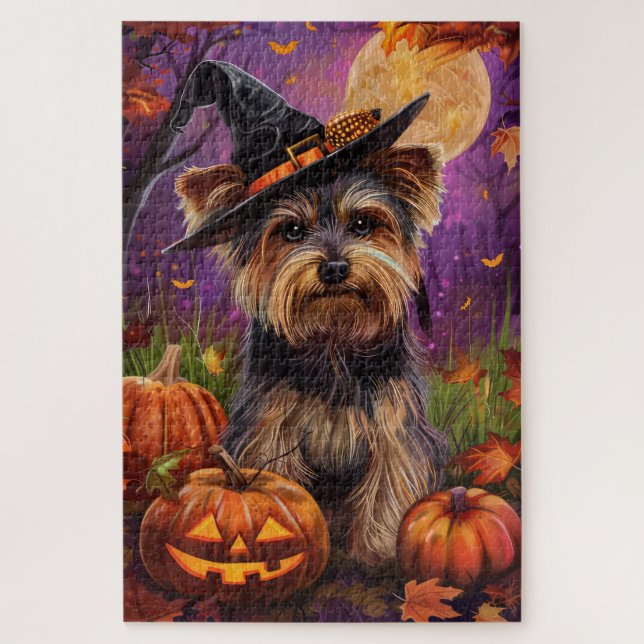 Quebra-cabeça Malandro Biewer Terrier Halloween Witch E Pumpkin (Vertical)