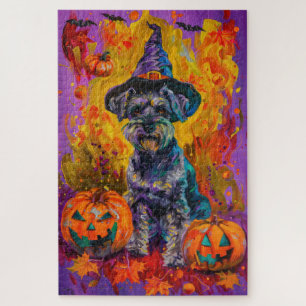 Quebra-cabeça Malandro Schnauzer Feiticeira De Halloween E Abóbo