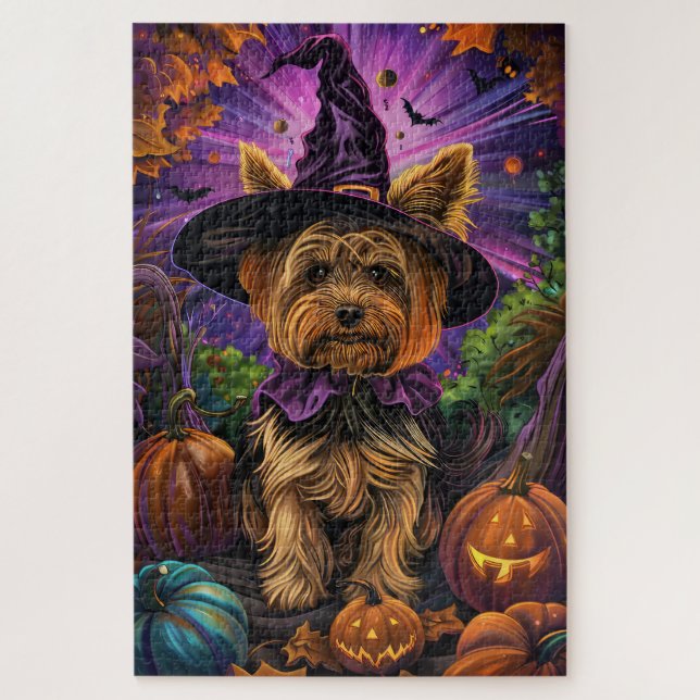 Quebra-cabeça Malandro Yorkipoo, Bruxa de Halloween E Abóbora (Vertical)