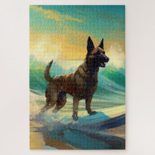 Quebra-cabeça Malinoi Belga Pintura de Surf na Praia
