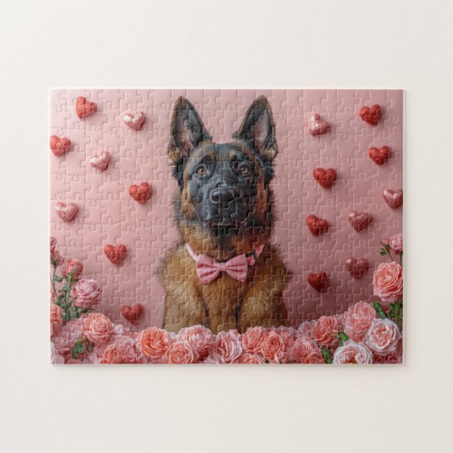 Quebra-cabeça Malinois Belga com Rosas - Dia dos Namorados  (Horizontal)