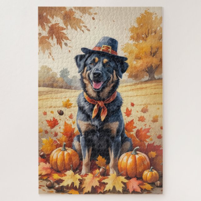 Quebra-cabeça Malinois Belga em Arte de Ação de Graças de Folhas (Vertical)
