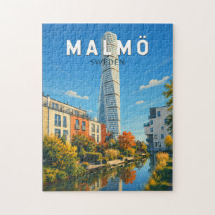 Quebra-cabeça Malmo Ilustração Viagem Arte Vintage Suécia