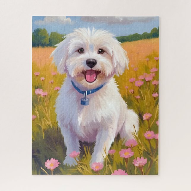 Quebra-cabeça Maltese Dog Flower Field Painting (Vertical)