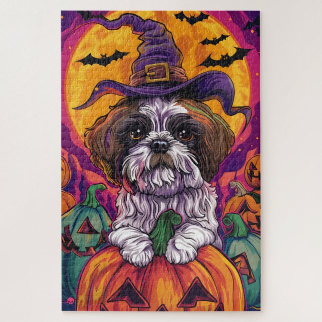 Quebra-cabeça Malti Tzu Dog Halloween Bruxelles E Pumpkin (Vertical)