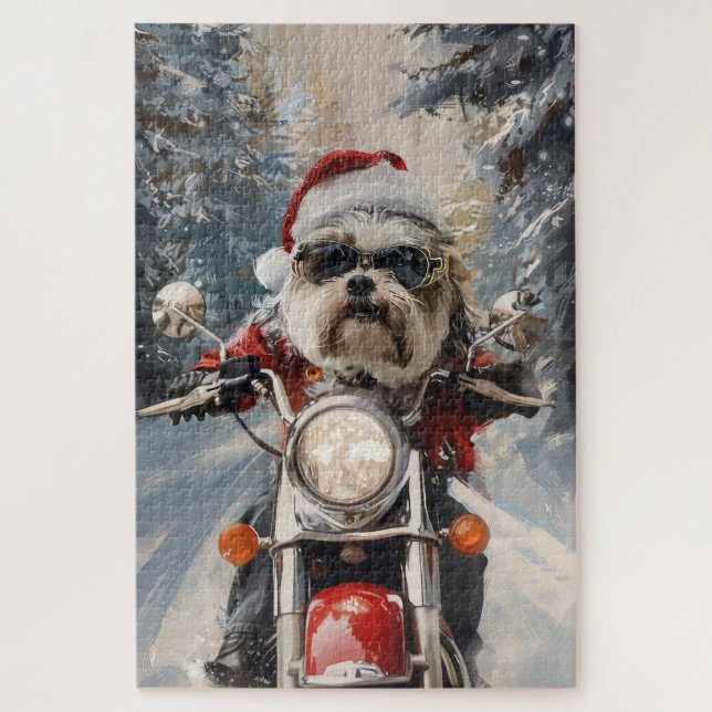 Quebra-cabeça Malti Tzu Dog Roda Moto Natal (Vertical)