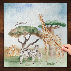 Quebra-cabeça Mamães de aquarelas e animais bebês africanos