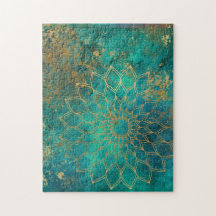 Mandala Grunge Gold on Teal Abstract