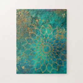 Quebra-cabeça Mandala Grunge Gold on Teal Abstract