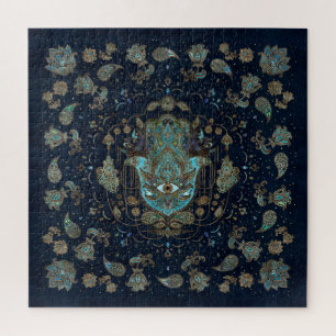 Quebra-cabeça Mão de Hamsa - Mão de Gemstones Azuis de Fátima