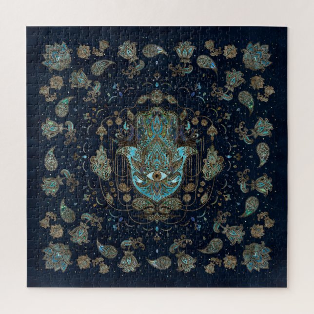 Quebra-cabeça Mão de Hamsa - Mão de Gemstones Azuis de Fátima (Vertical)