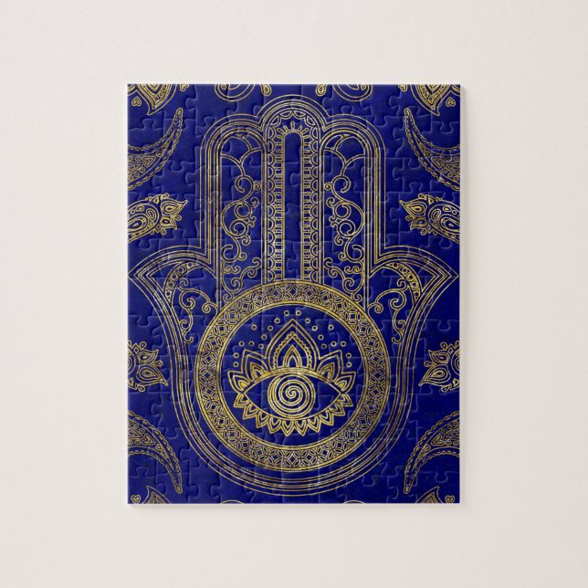 Quebra-cabeça Mão de Hamsa - ouro no lazuli de lapis (Vertical)