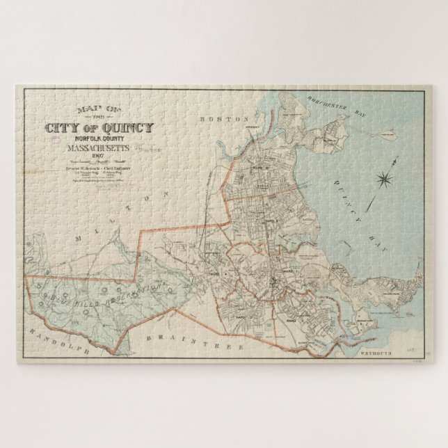 Quebra-cabeça Mapa da Vintage de MÃES Quincy (1907) (Horizontal)