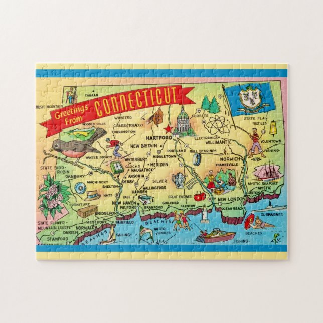 Quebra-cabeça Mapa de postal de Connecticut 11x14 (Horizontal)