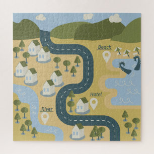 Quebra-cabeça mapa de viagem de férias do cenário de cartoon na