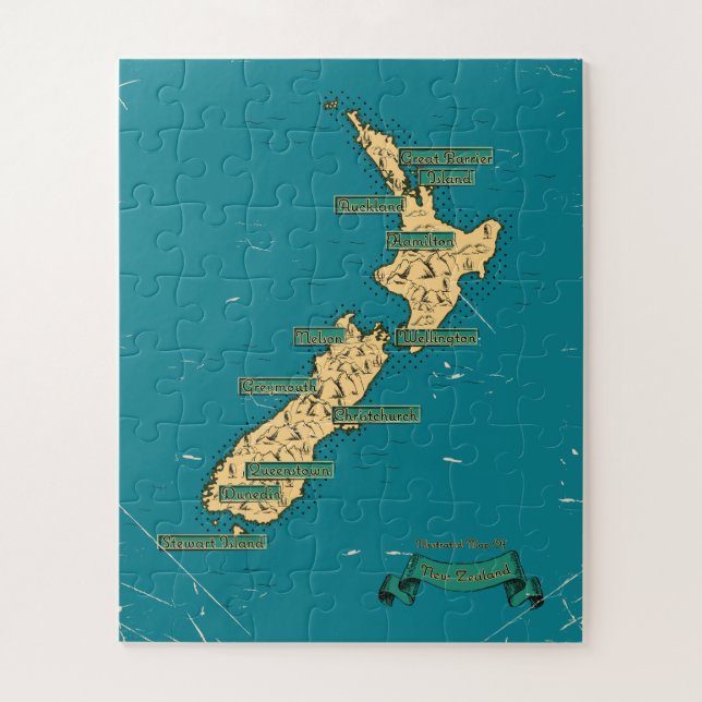 Quebra-cabeça Mapa de viagem ilustrado da Nova Zelândia (Vertical)