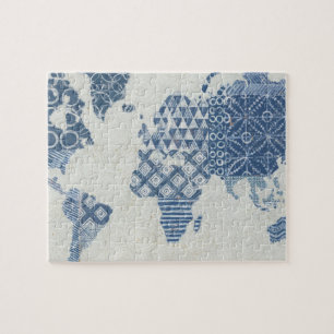 Quebra-cabeça Mapa do Batik do azul de índigo do mundo