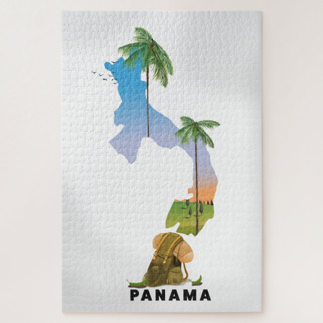 Quebra-cabeça Mapa do Panamá, pôster ilustrado de viagem impress (Vertical)